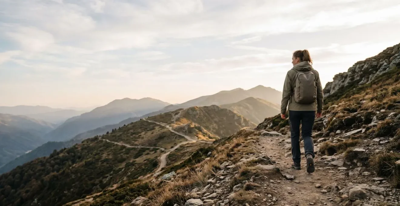 Person hiking on mountain trail with backpack during golden hour fitness journey