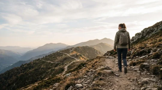 Person hiking on mountain trail with backpack during golden hour fitness journey