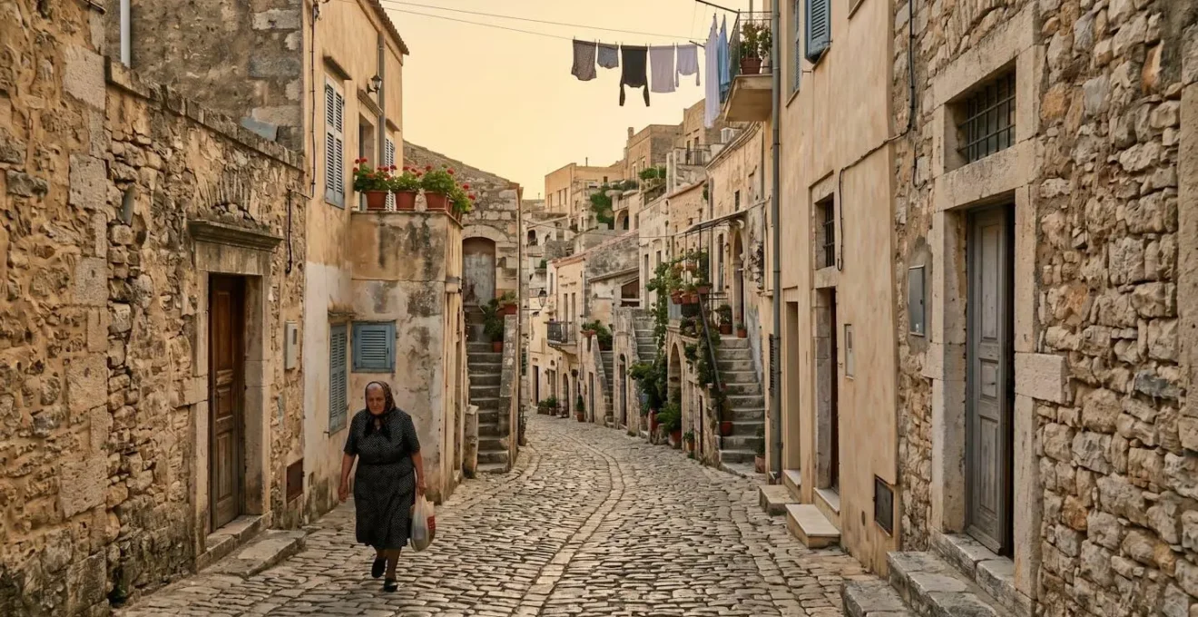 Narrow cobblestone street in ancient city with local resident walking past centuries-old stone buildings