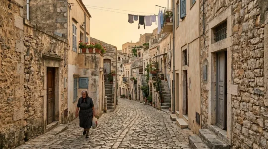Narrow cobblestone street in ancient city with local resident walking past centuries-old stone buildings
