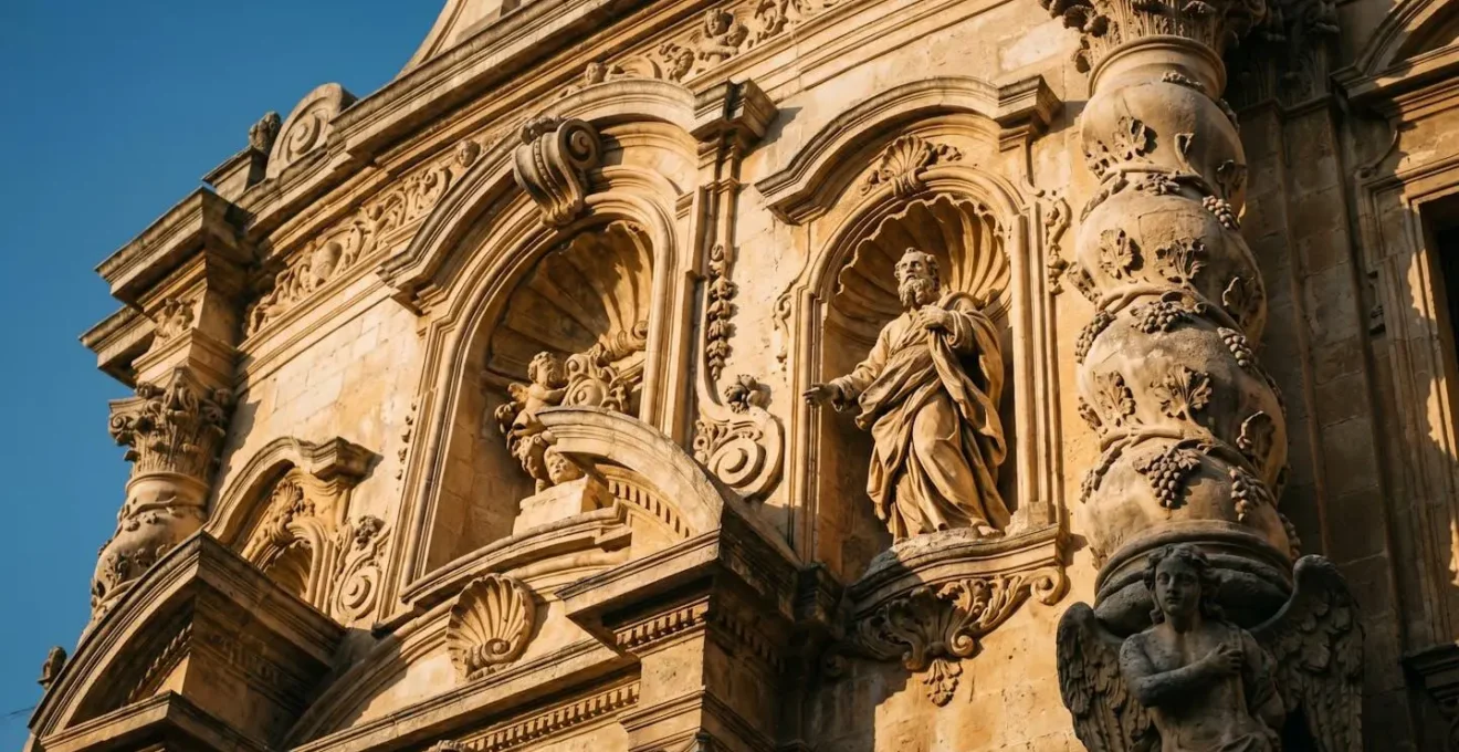Authentic baroque church facade with dramatic sculptural elements, curved architecture, and ornate stone carvings illustrating Counter-Reformation grandeur