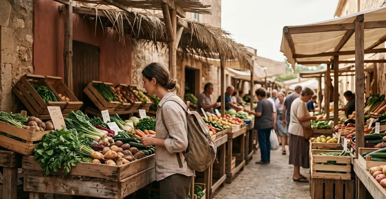 Travelers examining fresh local ingredients at traditional food market stall