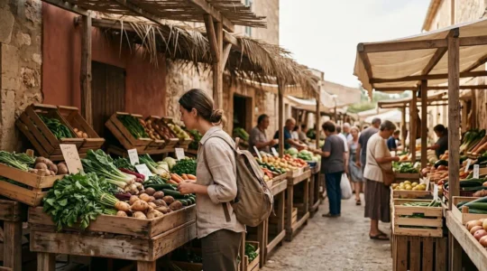Travelers examining fresh local ingredients at traditional food market stall