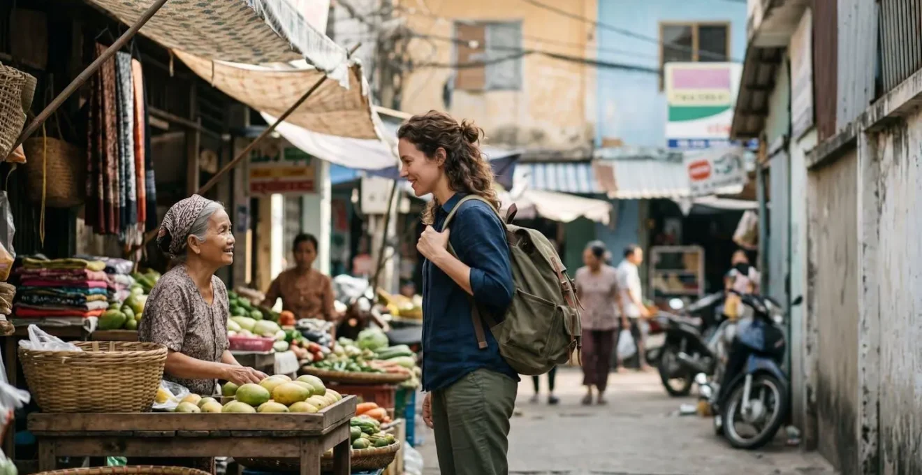 Traveler engaging authentically with local community in residential neighborhood setting