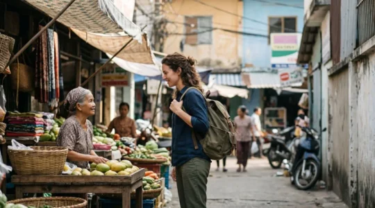 Traveler engaging authentically with local community in residential neighborhood setting