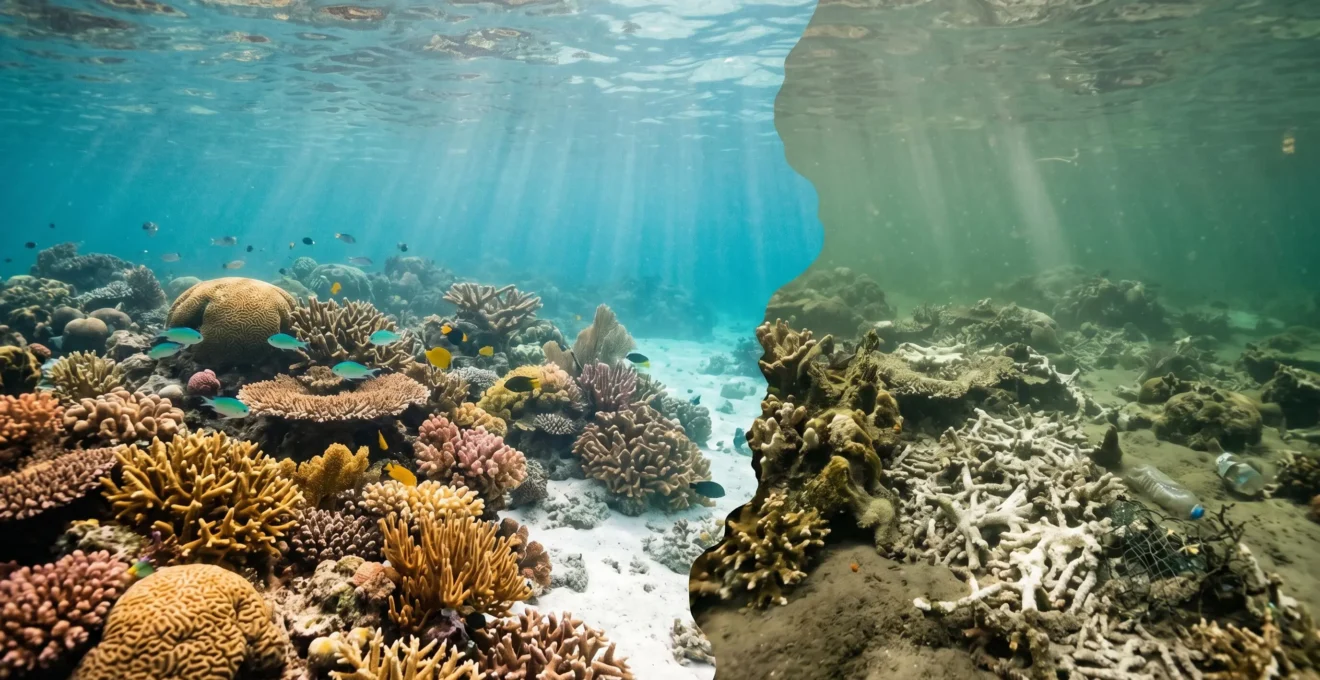 Degraded coastal ecosystem showing environmental damage from mass tourism development