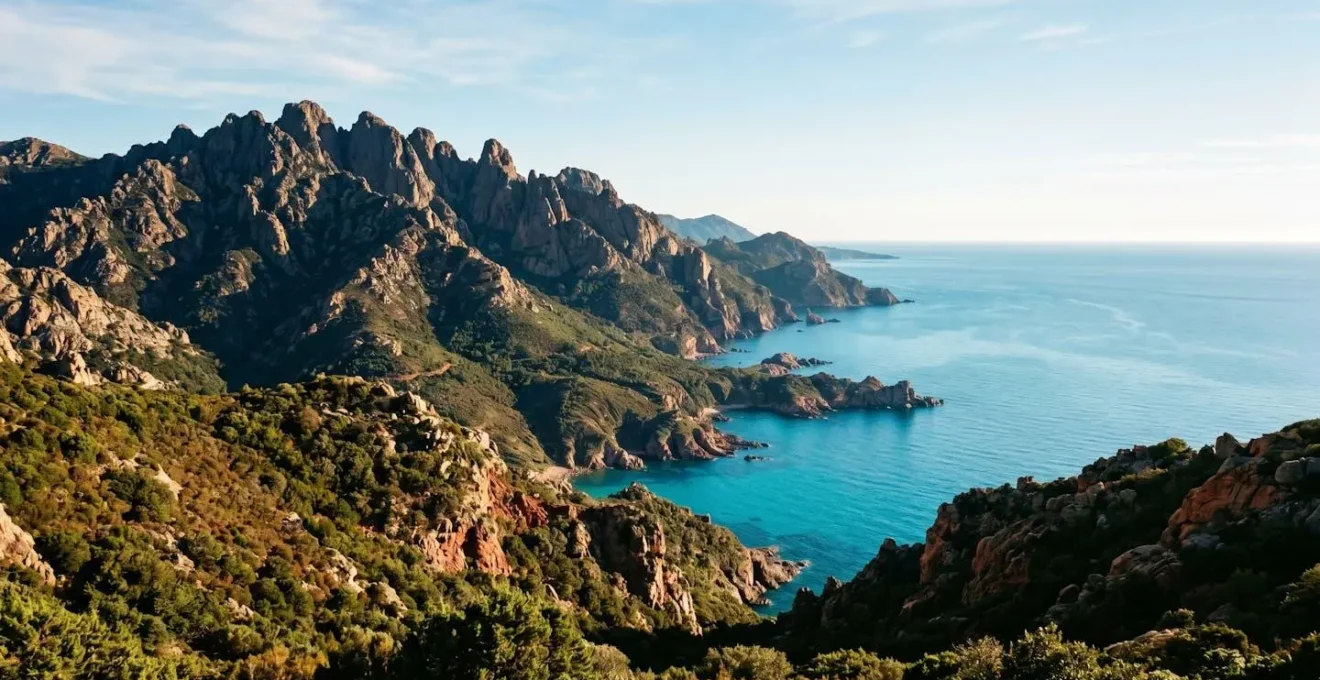 Dramatic Corsican coastal landscape with rugged mountains meeting turquoise Mediterranean waters