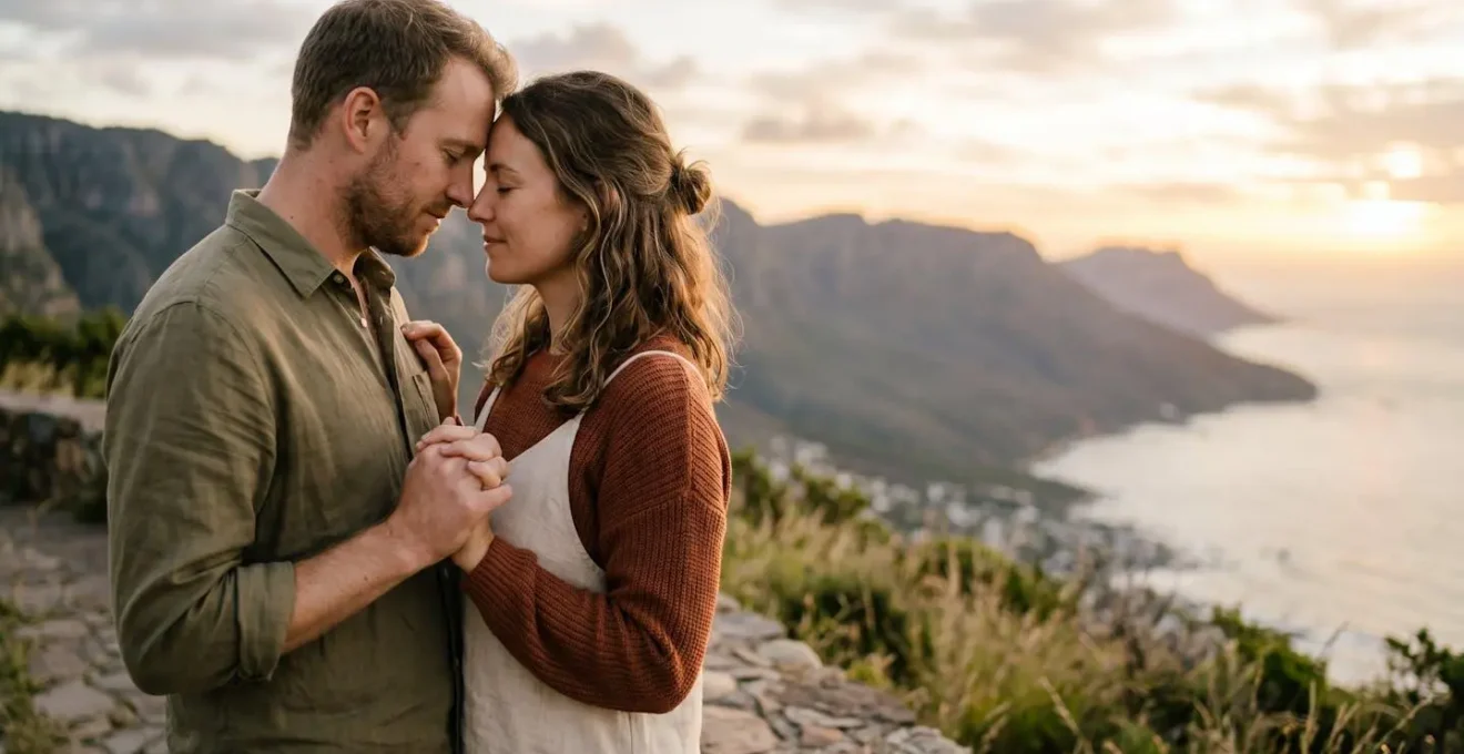 Intimate couple moment emphasizing emotional connection over superficial photo-taking during romantic travel