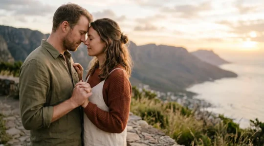 Intimate couple moment emphasizing emotional connection over superficial photo-taking during romantic travel