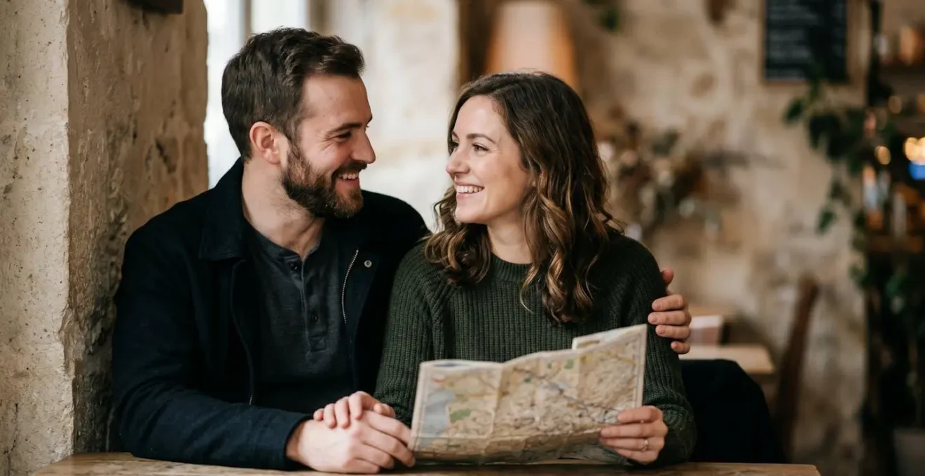 Romantic couple traveling together facing common vacation challenges with positive connection