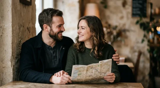 Romantic couple traveling together facing common vacation challenges with positive connection