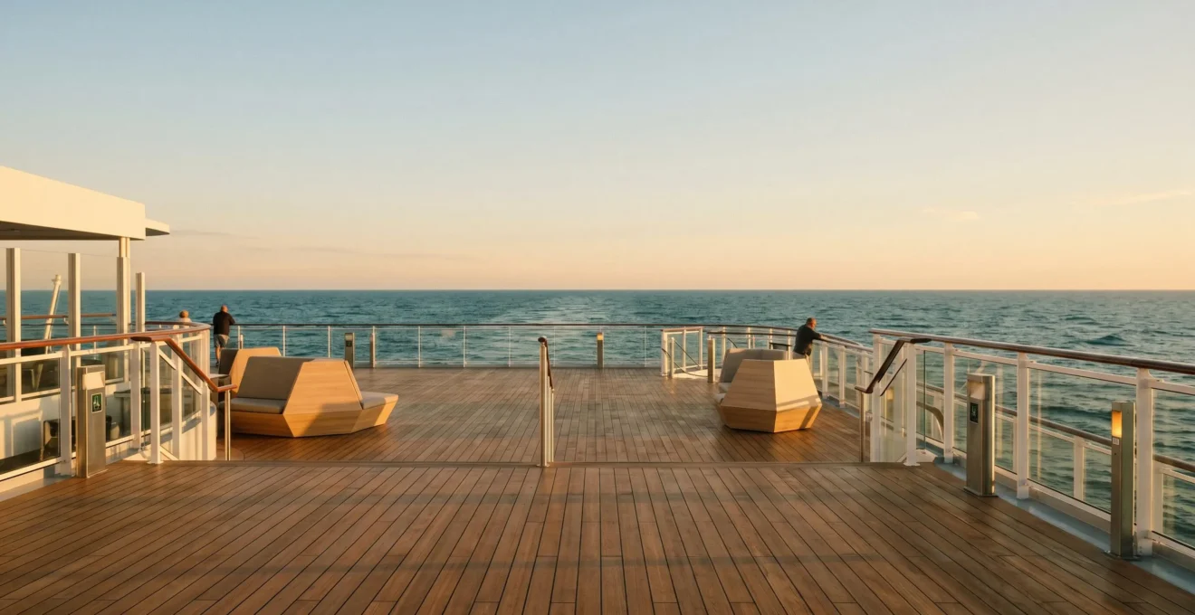 Wide ocean horizon view from cruise ship deck emphasizing stability and calm waters for seasickness prevention