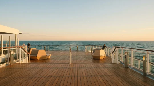 Wide ocean horizon view from cruise ship deck emphasizing stability and calm waters for seasickness prevention