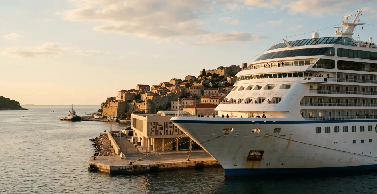 Cruise ship docked at coastal port with passengers on deck checking time during golden hour departure preparation