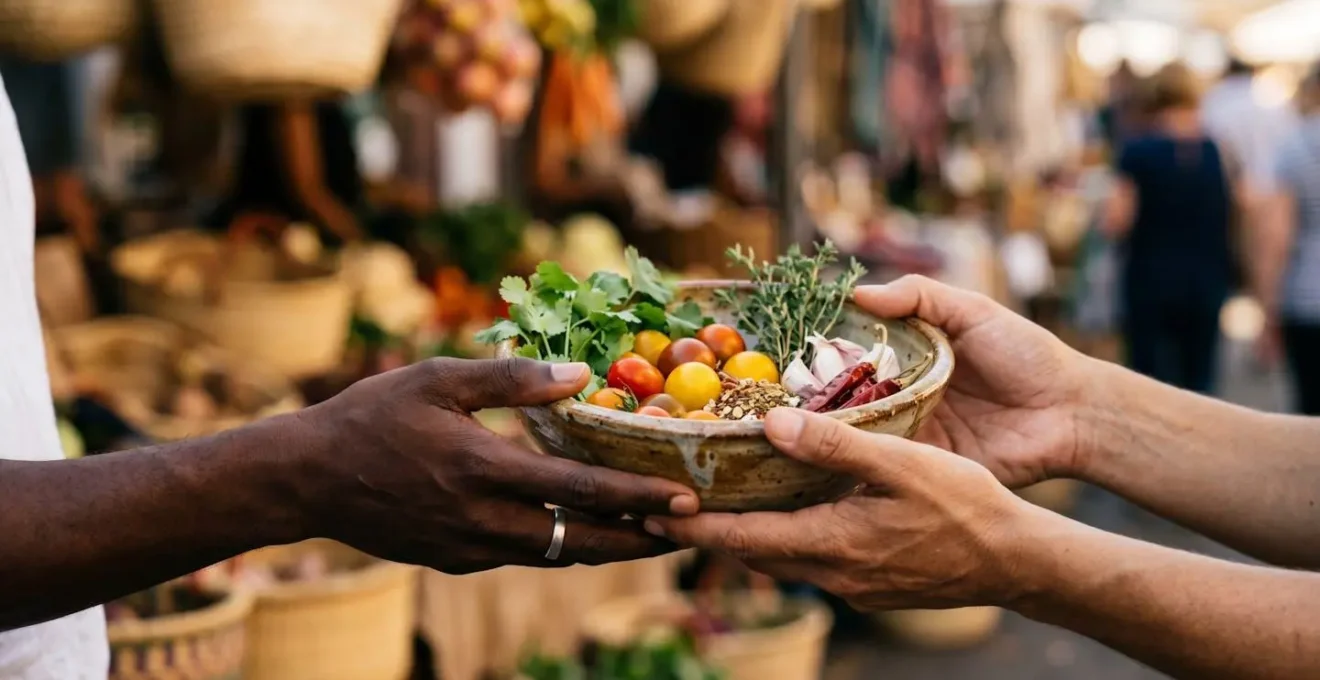 Hands holding a handmade ceramic bowl filled with vibrant local ingredients at a traditional market stall, soft natural lighting highlighting authentic cultural food experience