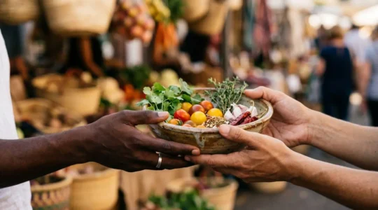 Hands holding a handmade ceramic bowl filled with vibrant local ingredients at a traditional market stall, soft natural lighting highlighting authentic cultural food experience