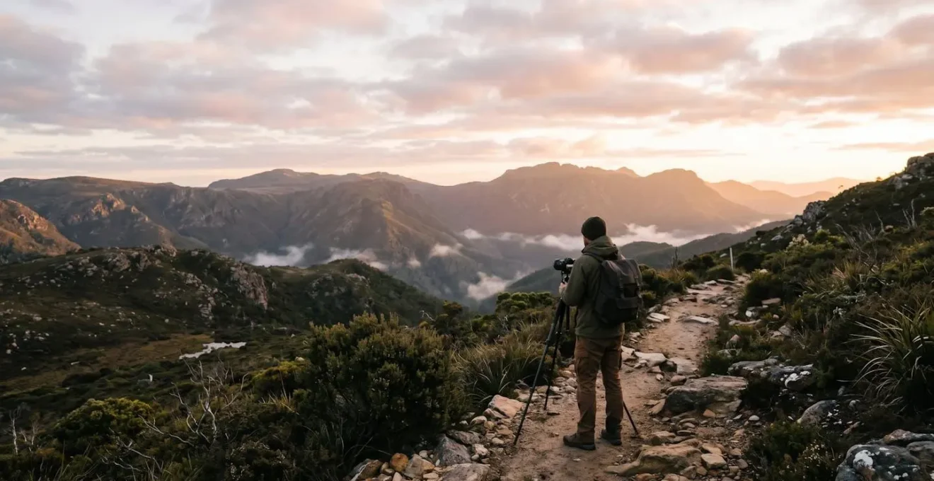 Landscape photographer on designated trail capturing mountain vista while respecting natural environment