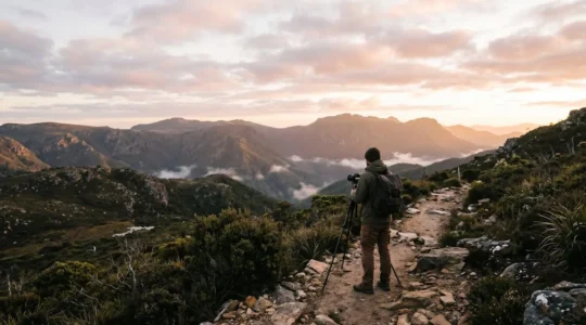 Landscape photographer on designated trail capturing mountain vista while respecting natural environment