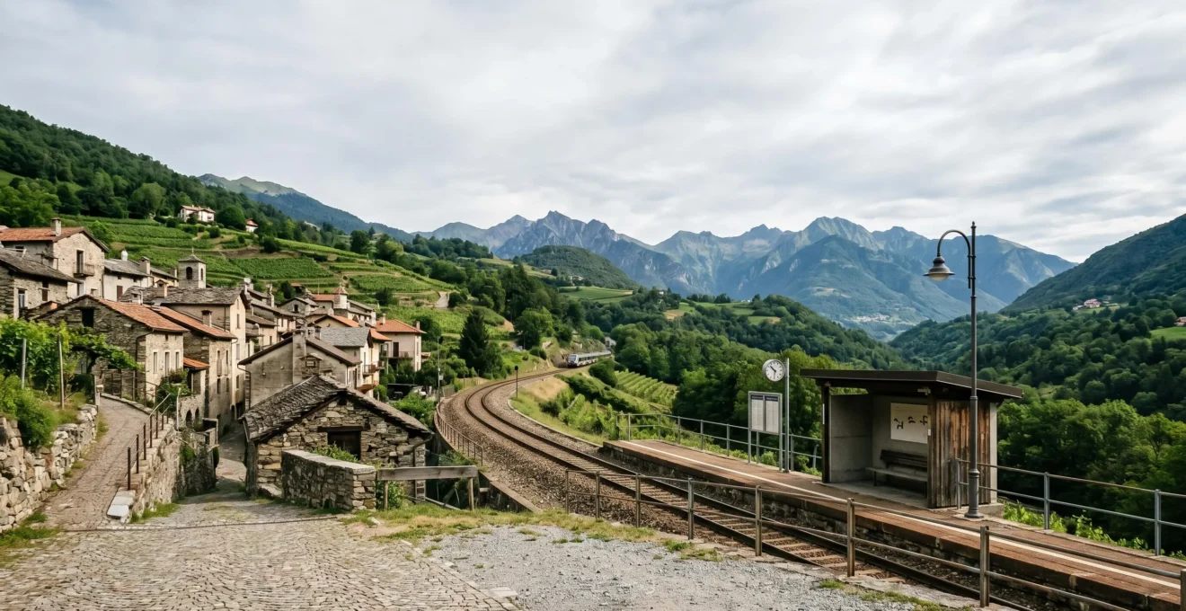 Remote European village railway station surrounded by rolling hills and authentic local architecture