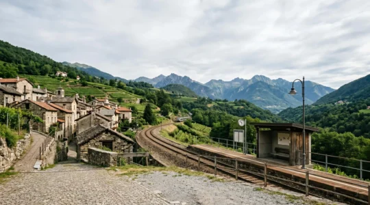 Remote European village railway station surrounded by rolling hills and authentic local architecture