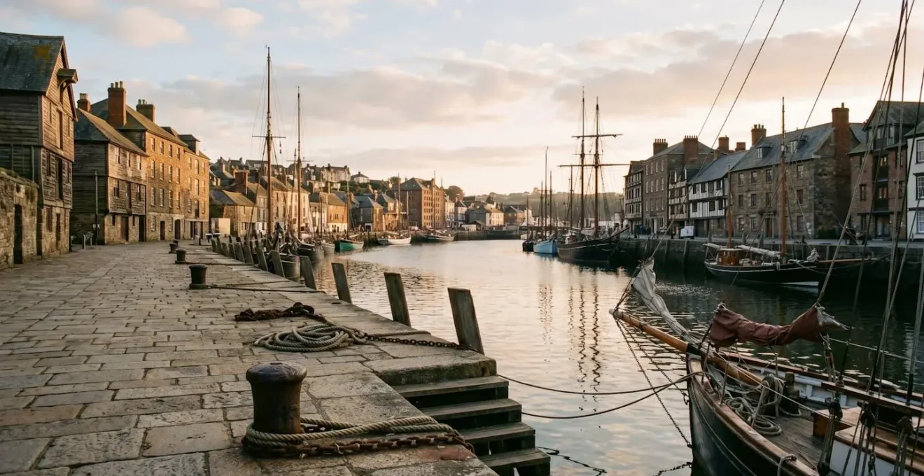 Historic harbour waterfront showcasing maritime trade architecture and cultural heritage