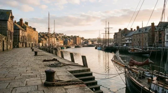 Historic harbour waterfront showcasing maritime trade architecture and cultural heritage
