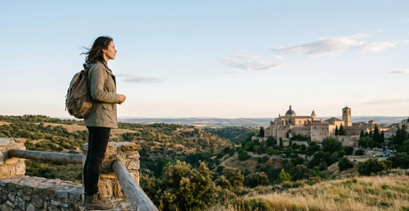 A traveler standing alone viewing an iconic landmark from a distance, framed by negative space, capturing the contrast between solitary exploration and the reality of tourist crowds