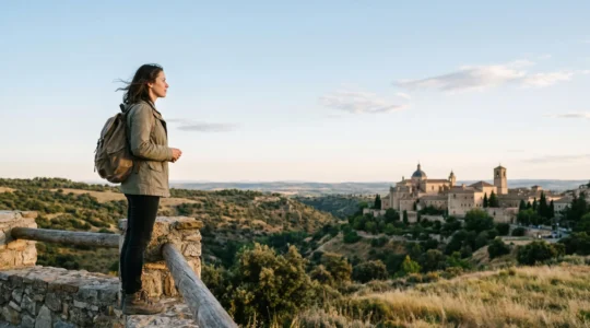 A traveler standing alone viewing an iconic landmark from a distance, framed by negative space, capturing the contrast between solitary exploration and the reality of tourist crowds