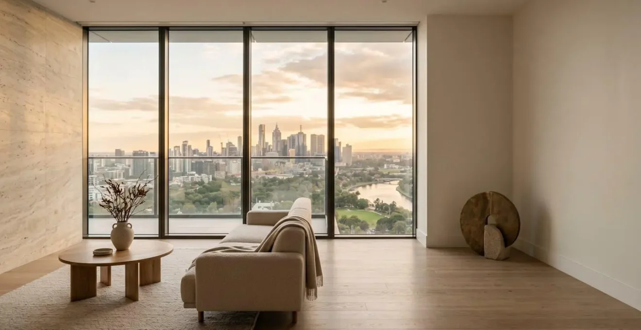 Sophisticated modern luxury apartment interior with floor-to-ceiling windows overlooking urban skyline at golden hour