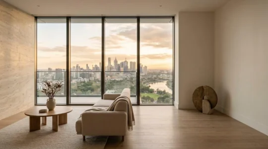 Sophisticated modern luxury apartment interior with floor-to-ceiling windows overlooking urban skyline at golden hour