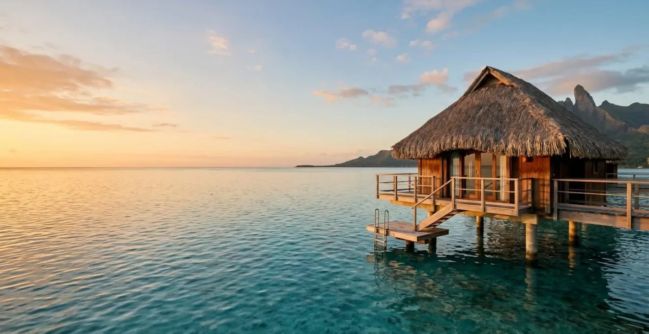 Serene overwater bungalow suspended above turquoise lagoon with warm sunset light creating peaceful atmosphere for dream vacation