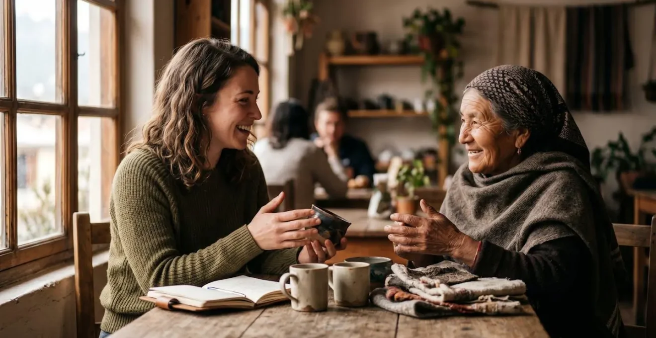 Traveler experiencing authentic cultural moment away from crowds, emphasizing genuine connection over social media performance