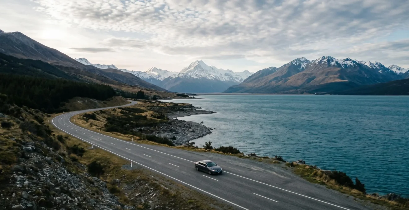 Wide scenic view of New Zealand's dramatic mountain landscapes with winding coastal highway and minimal traffic, showcasing efficient travel planning