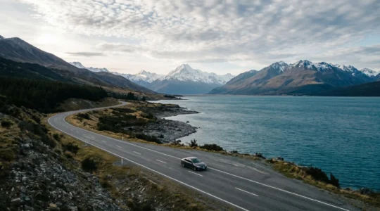 Wide scenic view of New Zealand's dramatic mountain landscapes with winding coastal highway and minimal traffic, showcasing efficient travel planning