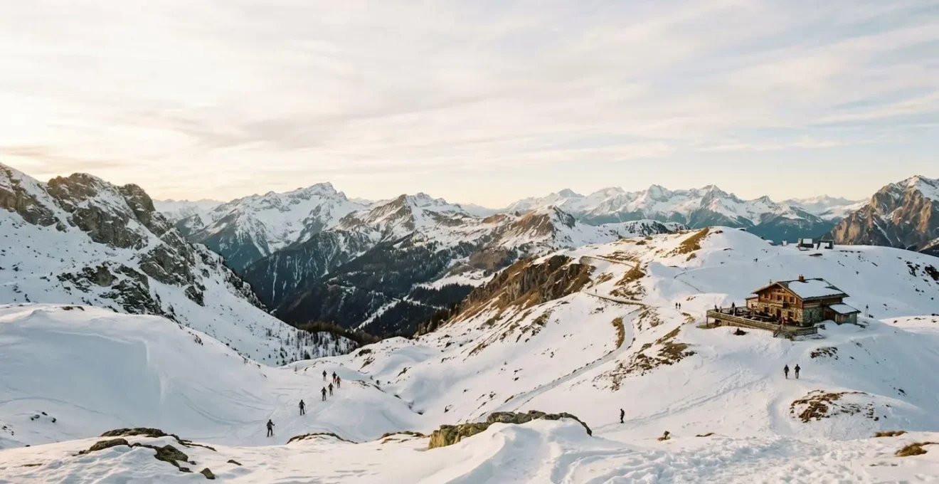 Winter mountain landscape with visitors enjoying non-skiing activities in snowy alpine destination