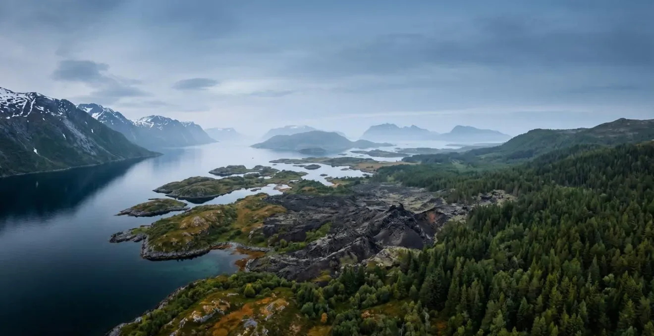 Wide panoramic view of diverse Nordic landscapes converging at crossroads representing travel choice between countries