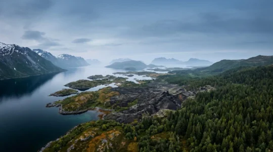 Wide panoramic view of diverse Nordic landscapes converging at crossroads representing travel choice between countries