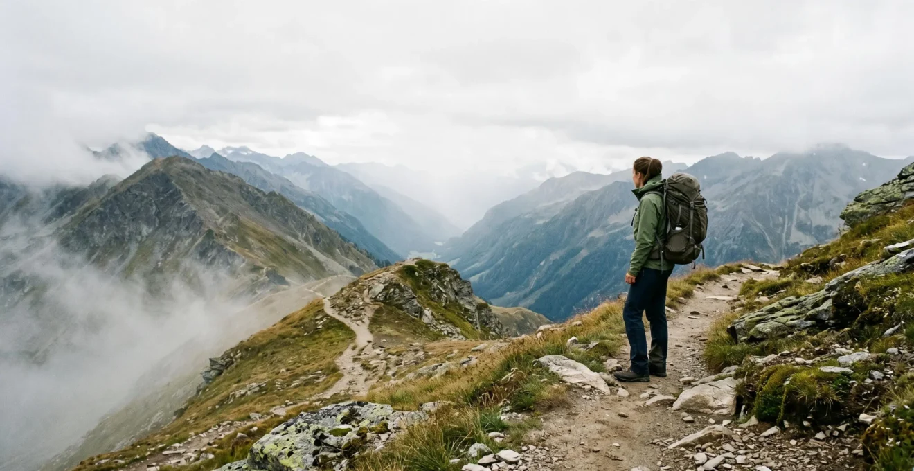A lone traveler standing at a crossroads on a remote mountain trail, backpack visible, gazing toward an unexplored valley shrouded in mist
