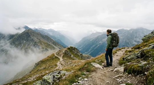 A lone traveler standing at a crossroads on a remote mountain trail, backpack visible, gazing toward an unexplored valley shrouded in mist