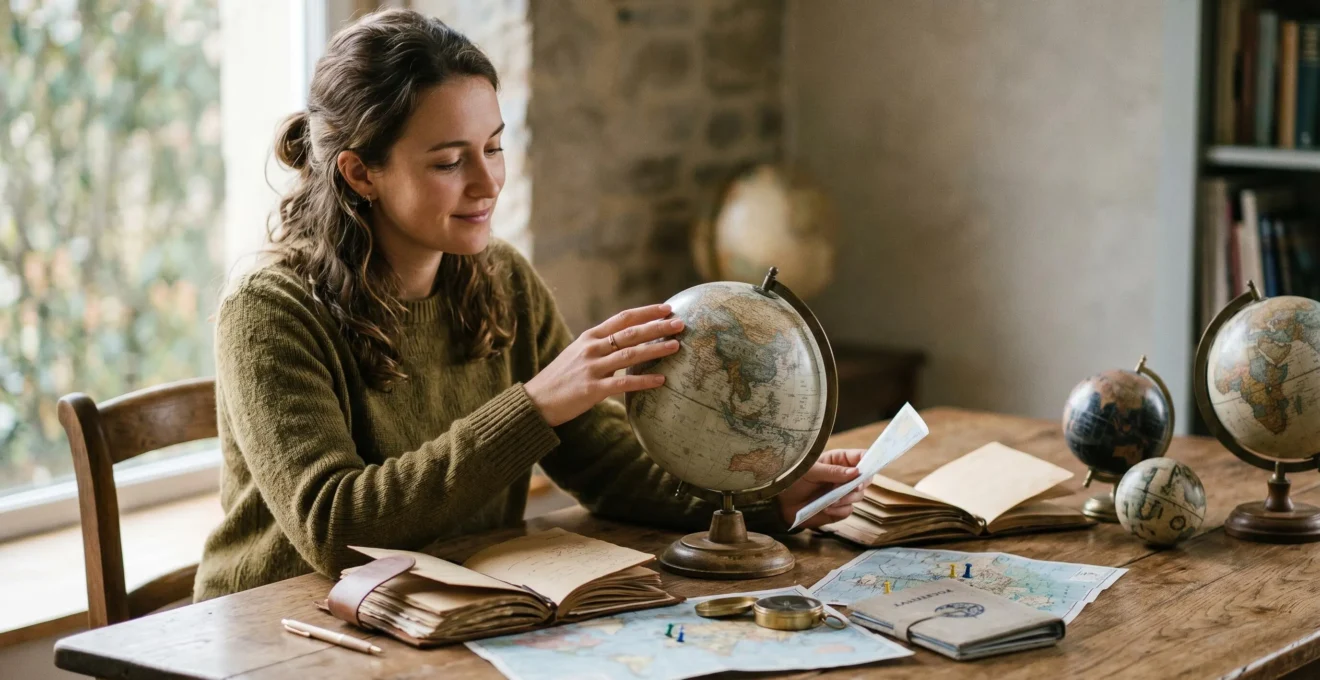Traveler contemplating multiple destination options with world elements