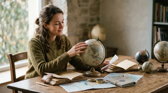 Traveler contemplating multiple destination options with world elements