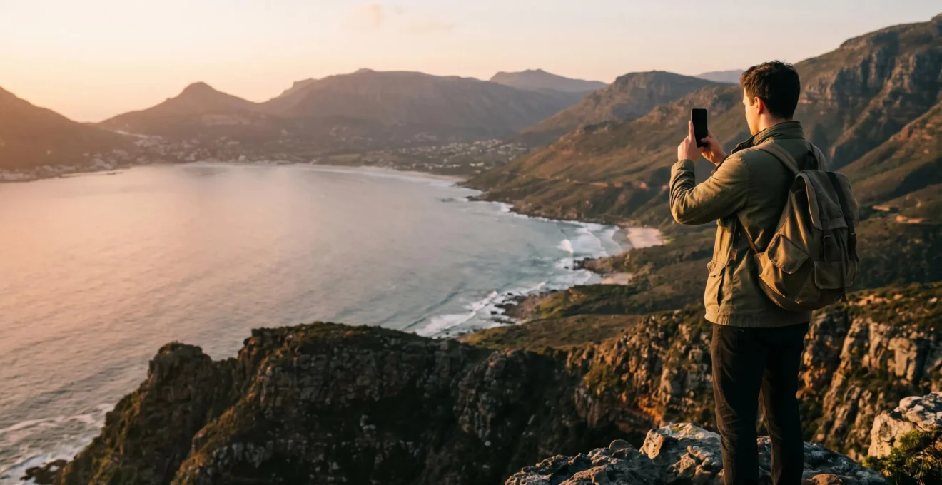 Traveler holding smartphone at eye level capturing a scenic landscape with intentional composition and natural lighting