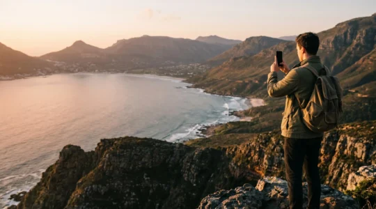 Traveler holding smartphone at eye level capturing a scenic landscape with intentional composition and natural lighting