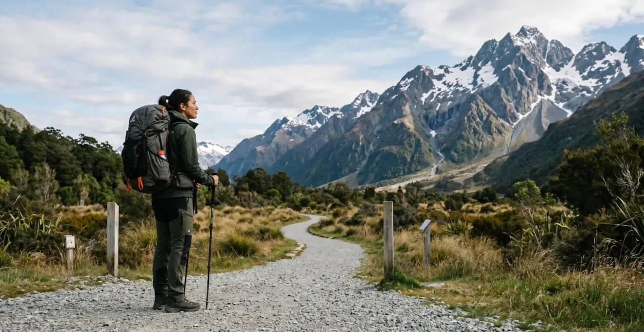 Adventurer with hiking gear approaching remote mountain landscape on accessible trail