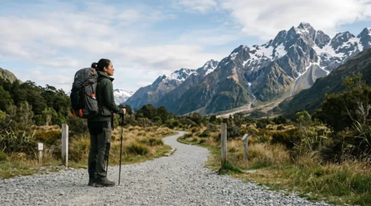 Adventurer with hiking gear approaching remote mountain landscape on accessible trail