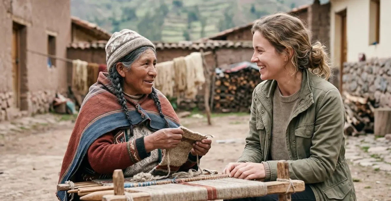 A traveler and local person sharing a meaningful moment of cultural exchange in a community setting