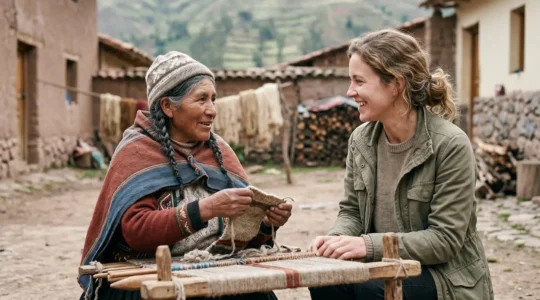 A traveler and local person sharing a meaningful moment of cultural exchange in a community setting