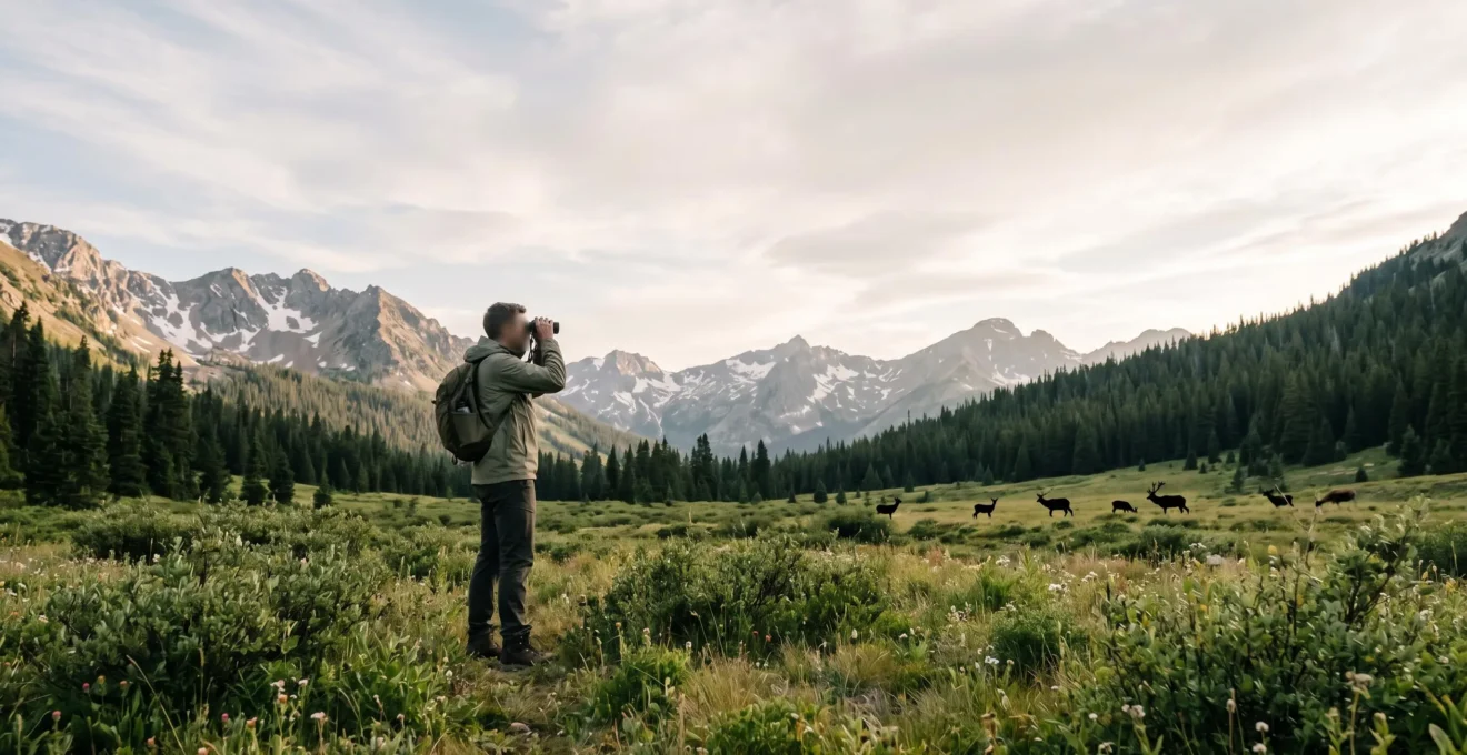 A traveler respectfully observing wildlife in a pristine wilderness area with mountains in the background