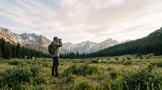 A traveler respectfully observing wildlife in a pristine wilderness area with mountains in the background