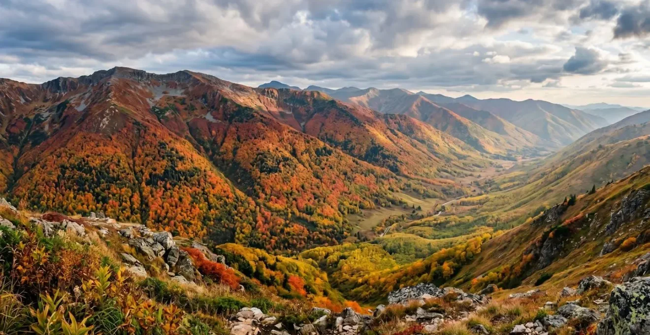 Vibrant autumn mountain landscape showcasing peak fall colors with dramatic lighting